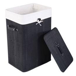 Bamboo Laundry Hamper, Single Lattice Folding Cloth Storage Basket Dirty Clothes Hamper, Collapsible Hamper with Lid and Removable Lining RT (Color: Black)