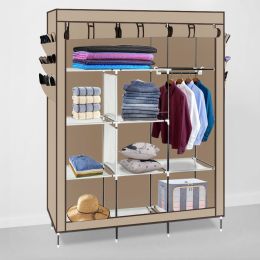 69" Wardrobe Portable Closet Storage Organizer Clothes Non-woven Fabric Wardrobe (Color: beige)