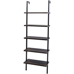 5-Shelf Wood Ladder Bookcase with Metal Frame;  Industrial 5-Tier Modern Ladder Shelf Wood Shelves XH (Color: Dark Walnut and Black Frame)