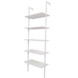 5-Shelf Wood Ladder Bookcase with Metal Frame;  Industrial 5-Tier Modern Ladder Shelf Wood Shelves XH (Color: White)