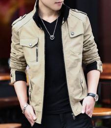 Mens Military Style Stand Collar Jacket (Color: beige, size: large)