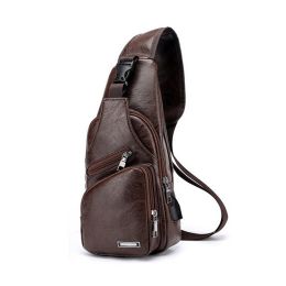 Men USB Charging Bag Men Chest Bag for Custom PU PVC Shoulder Bag Diagonal Package Messenger Travel Bag Cross Body Bags (Color: Dark Brown)