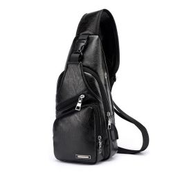 Men USB Charging Bag Men Chest Bag for Custom PU PVC Shoulder Bag Diagonal Package Messenger Travel Bag Cross Body Bags (Color: Black)