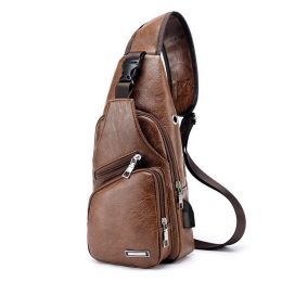 Men USB Charging Bag Men Chest Bag for Custom PU PVC Shoulder Bag Diagonal Package Messenger Travel Bag Cross Body Bags (Color: light brown)