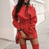 Sexy Women Mini Dress Fall Winter Fashion Casual O Neck High Waist Long Sleeve Lace Up Black White Sweatshirt Dresses