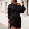 Sexy Women Mini Dress Fall Winter Fashion Casual O Neck High Waist Long Sleeve Lace Up Black White Sweatshirt Dresses